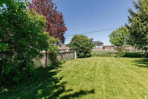 Expansive lawn area featuring mature perimeter trees and a chain-link fence