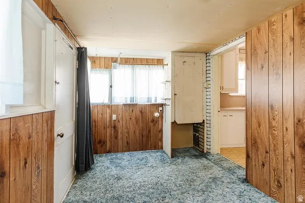 Room featuring wood-paneled walls, light blue carpet, and white-painted trim