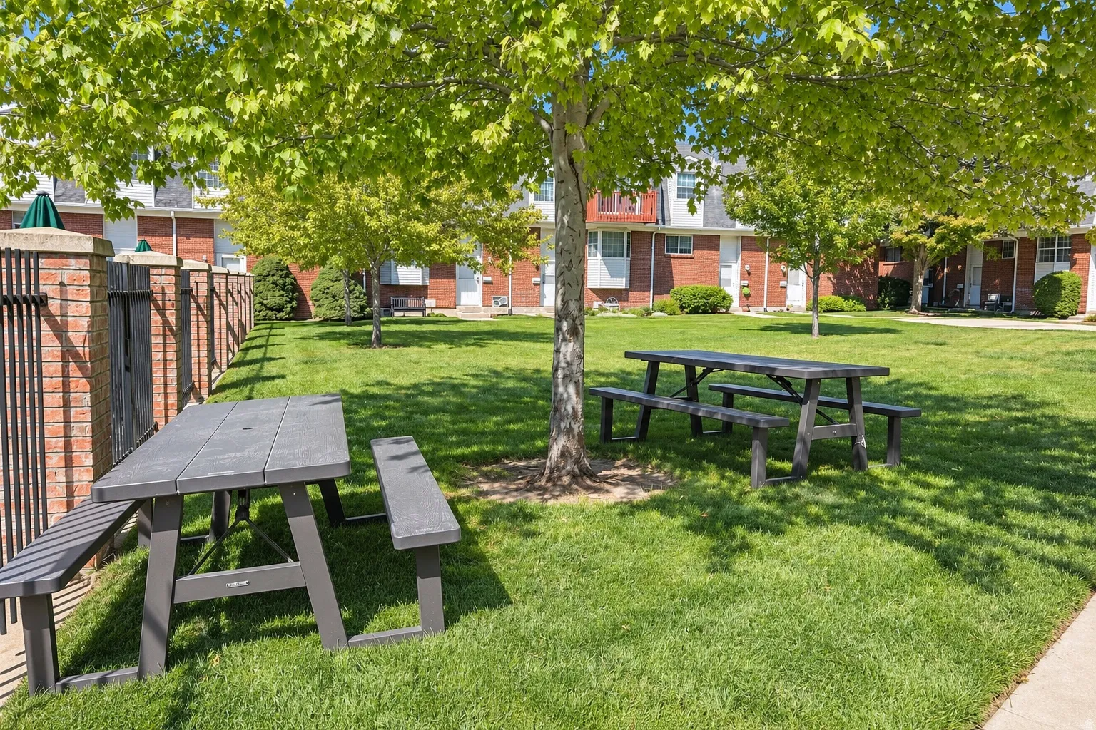 Expansive green space featuring mature trees and picnic tables