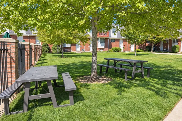 Expansive green space featuring mature trees and picnic tables