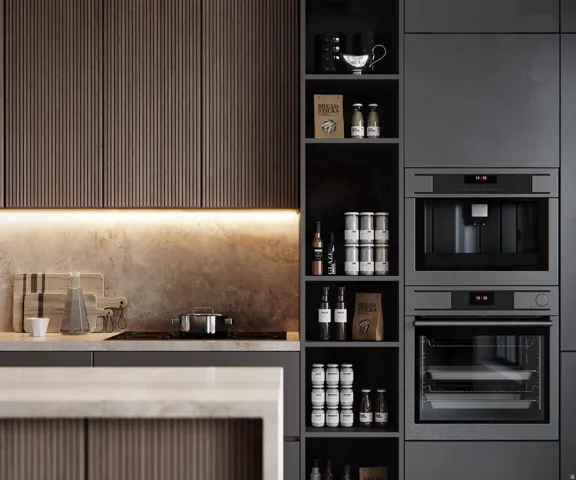 Integrated kitchen featuring fluted wood cabinetry, under-cabinet lighting, a built-in coffee system, and a built-in oven