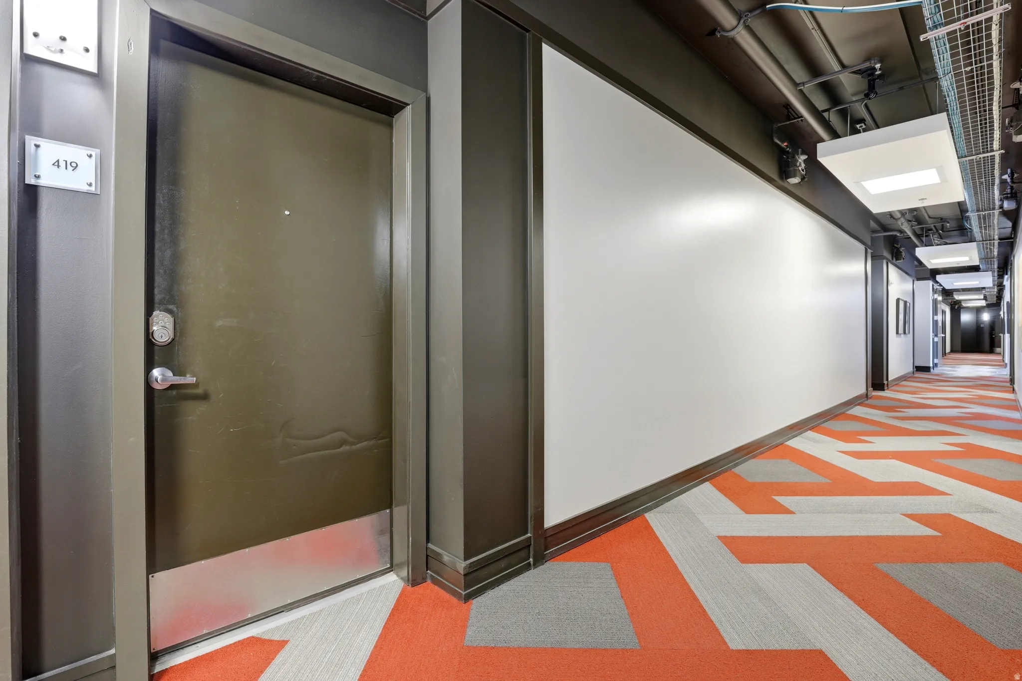 Corridor featuring vibrant geometric patterned carpeting, dark trim, and white wall panels