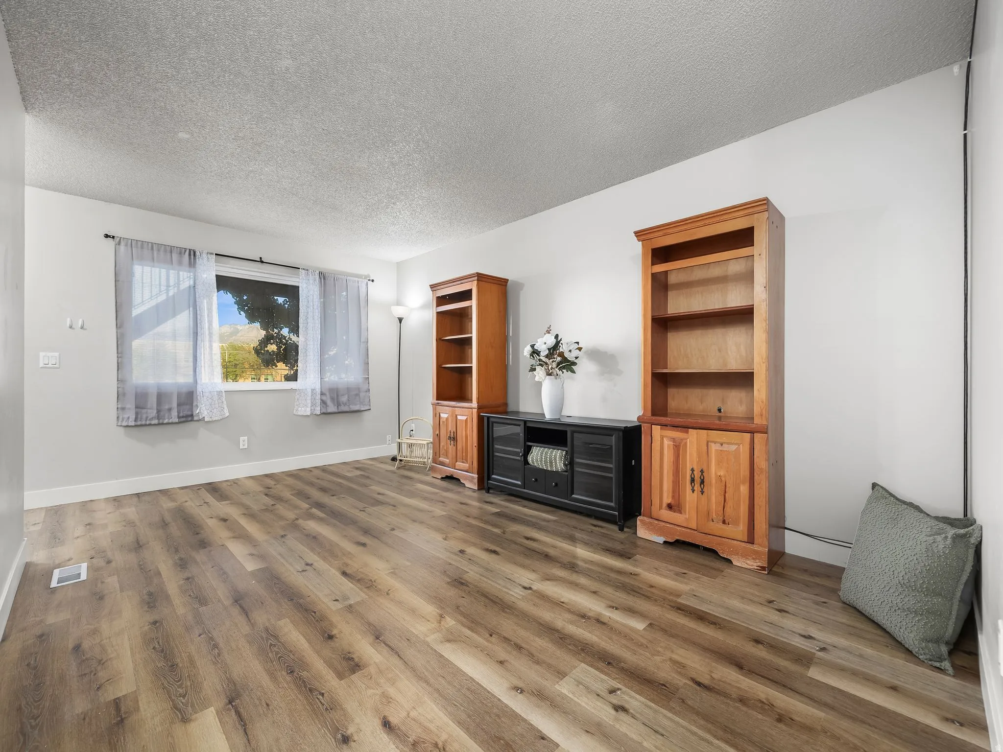 Spacious room featuring wood-finish flooring, white baseboards, and light-toned walls