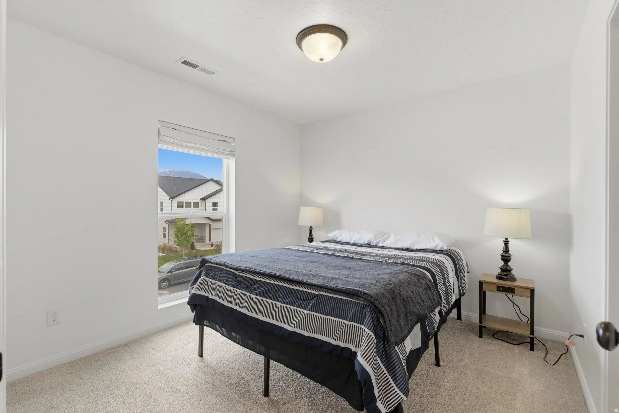 Bedroom featuring a window with exterior mountain scenery, light-colored carpet flooring, white painted walls, a flush-mount ceiling light fixture, and white baseboards