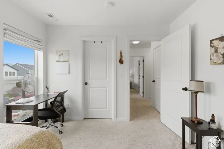 Carpeted interior room featuring white panel doors, white trim, and a window with a roller shade