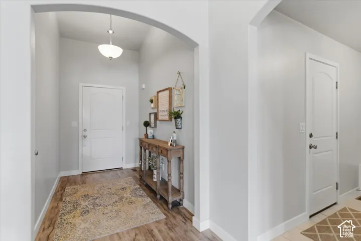Entryway featuring an arched doorway, wood-finish flooring, a white paneled door, and a semi-flush mount ceiling light