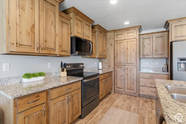 Kitchen featuring extensive wood cabinetry, granite countertops, a built-in microwave, an electric range, and wood-finish flooring