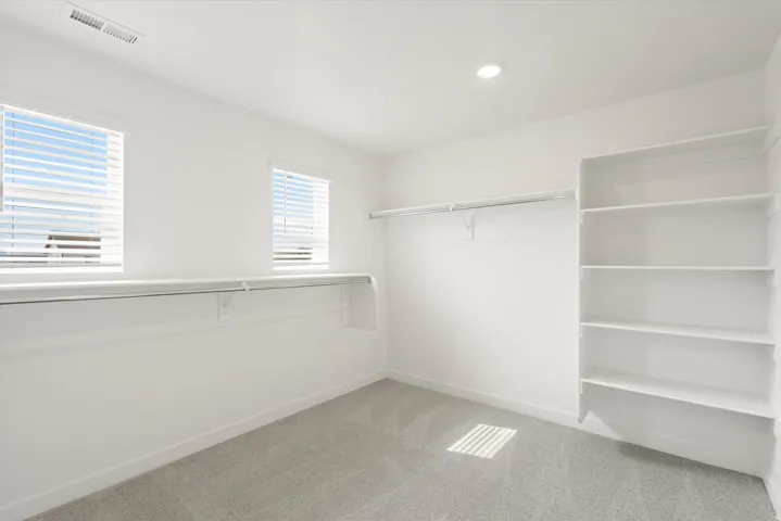 Spacious closet featuring two windows with horizontal blinds, built-in shelving, hanging rods, and gray carpeting