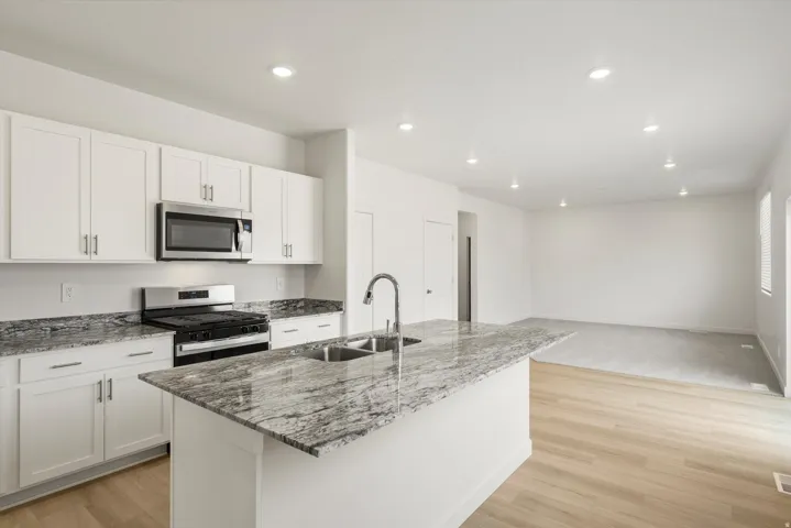 Modern kitchen with white cabinetry and stainless steel appliances