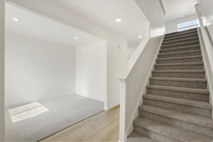 Carpeted staircase with white balustrade and handrail