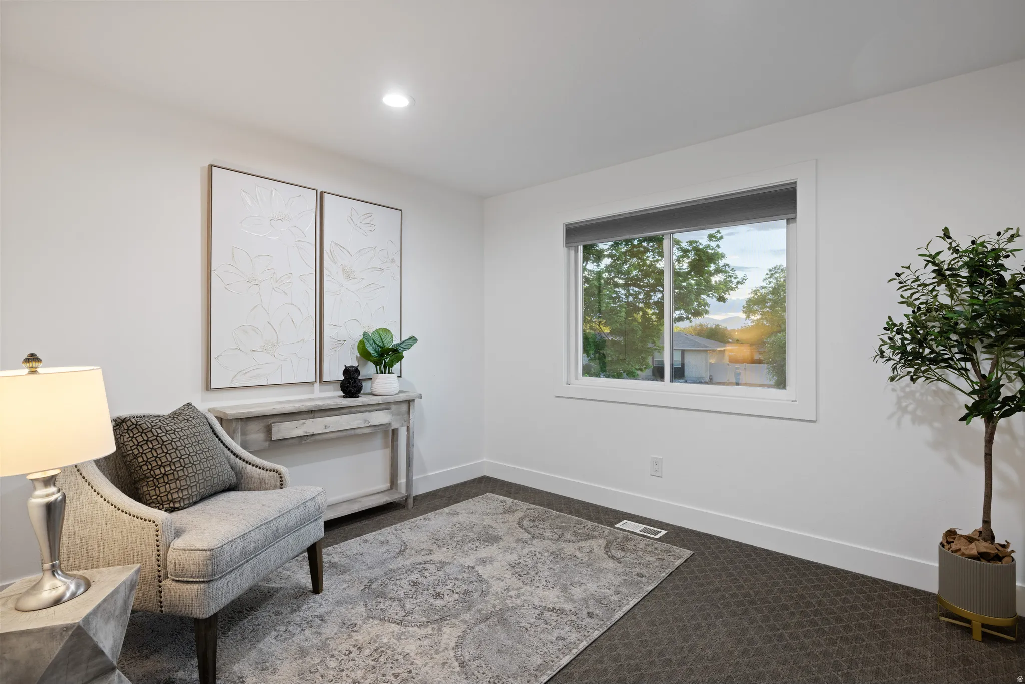 Bright room featuring a large window, plush carpet, and clean white walls