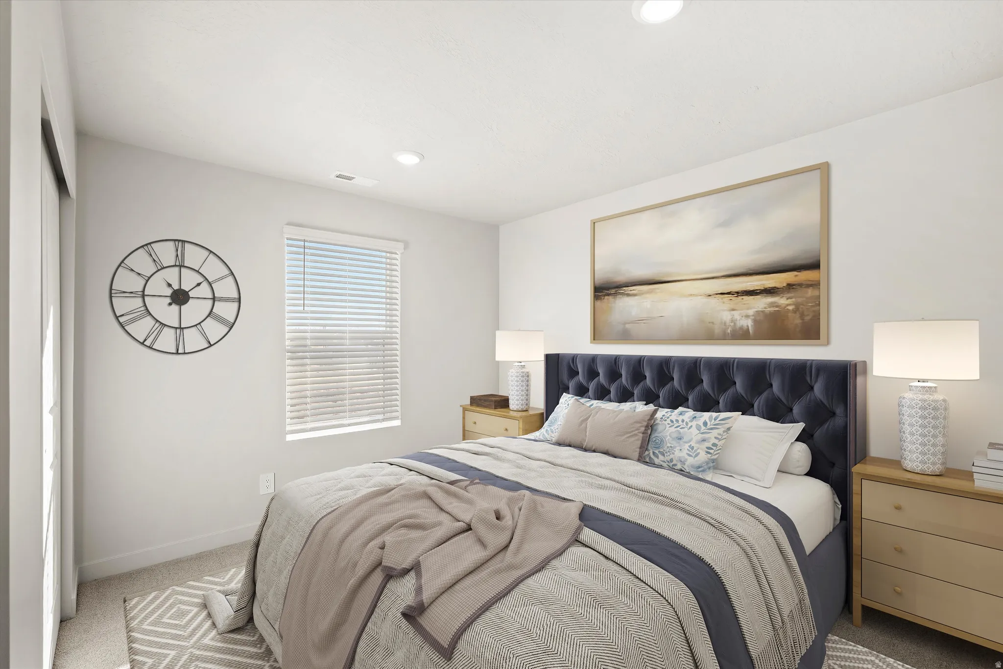 Carpeted room with recessed lighting and a window featuring blinds