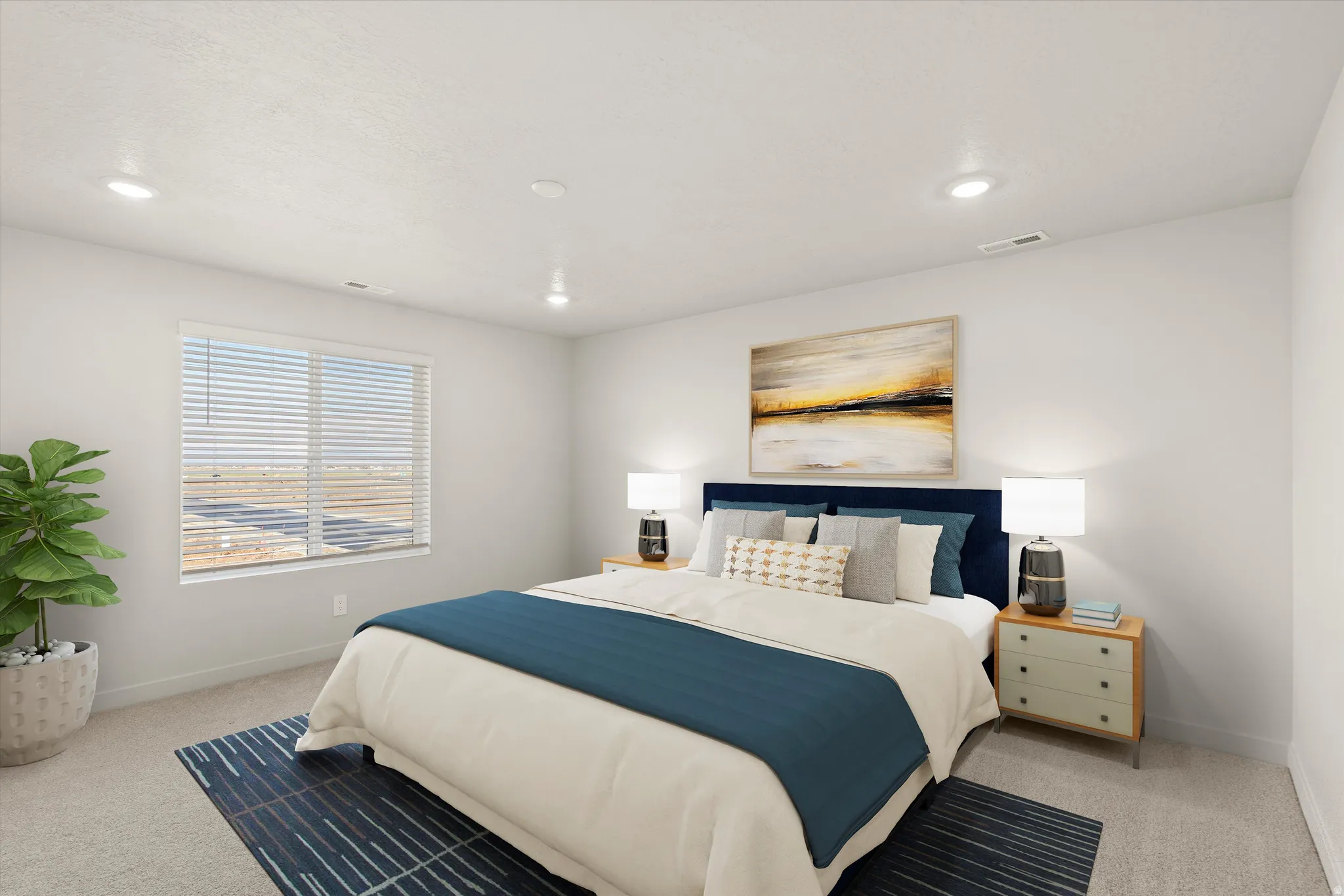 Spacious bedroom featuring neutral wall tones, recessed lighting, a large window with blinds, and light-toned carpeting