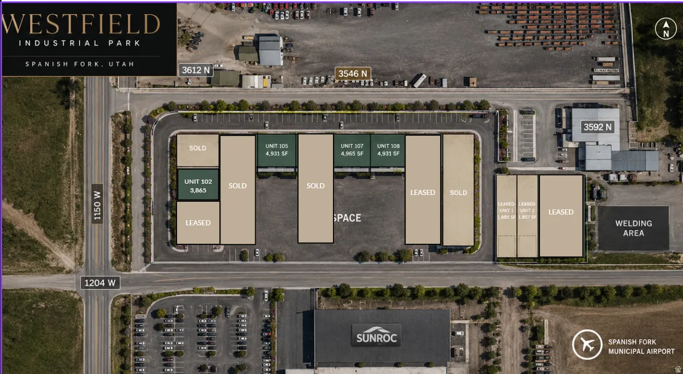 Industrial Park Site Plan. An aerial overview of the property, including unit designations and occupancy status