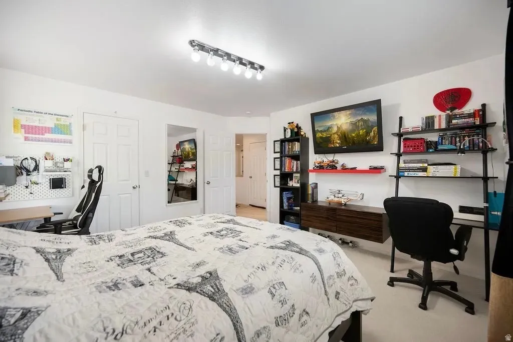 Bright room featuring white walls, a track light fixture, and light-colored carpeting