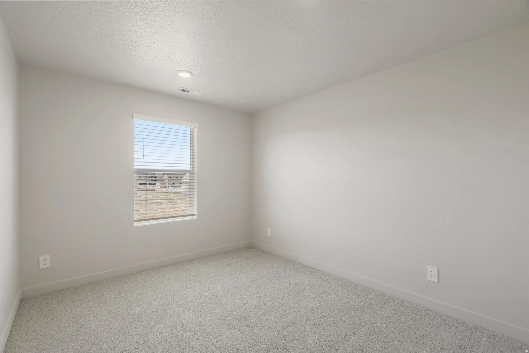Neutral-toned room with light gray walls, plush gray carpeting, and a single window with horizontal blinds