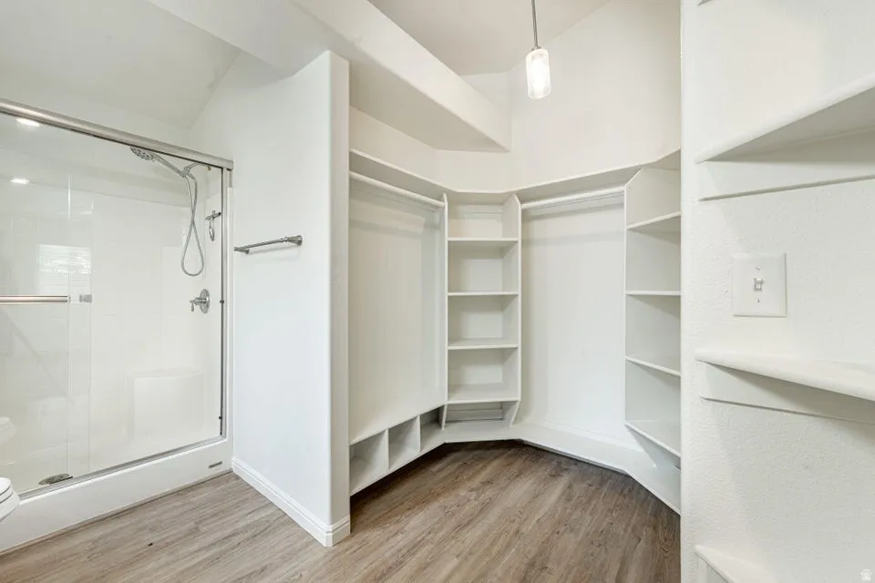 Walk-in closet featuring extensive built-in shelving and hanging rods, wood-finish flooring, a contemporary pendant light fixture, and an adjoining glass-enclosed shower with polished chrome fixtures