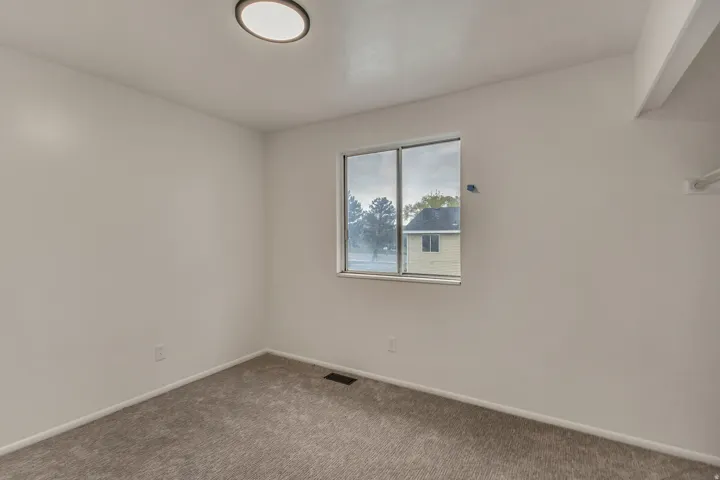 Room featuring neutral wall paint, gray carpeting, a window with white trim, and a flush-mount ceiling light fixture