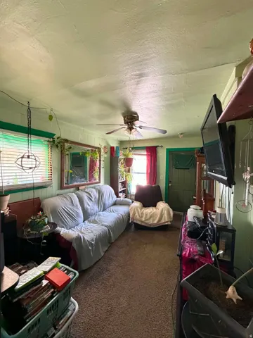 Living area featuring wall-to-wall carpeting, a ceiling fan with integrated lighting, and painted paneling