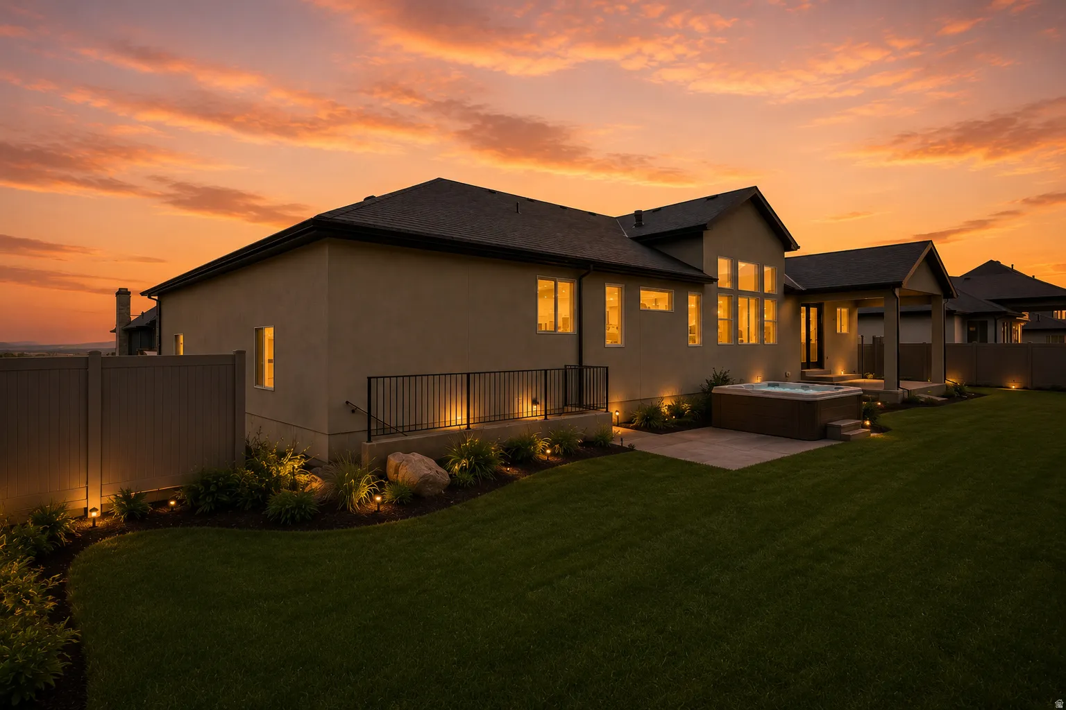 Spacious backyard featuring a manicured lawn, an integrated hot tub on a paved patio, and established landscape lighting