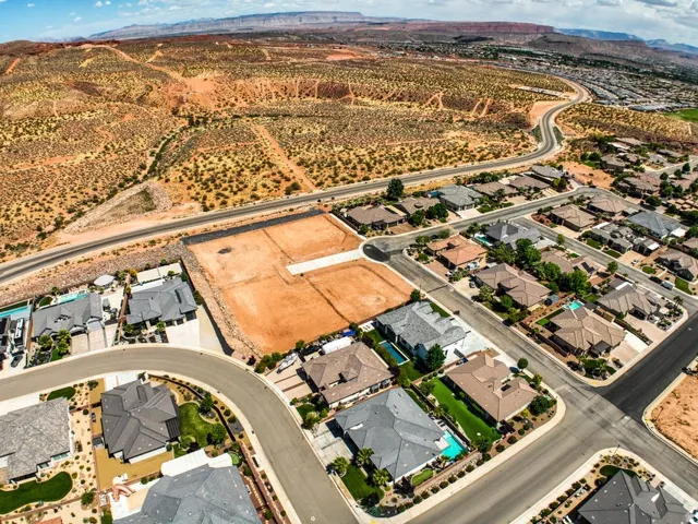 Expansive aerial perspective showcasing a residential neighborhood with varied architectural styles