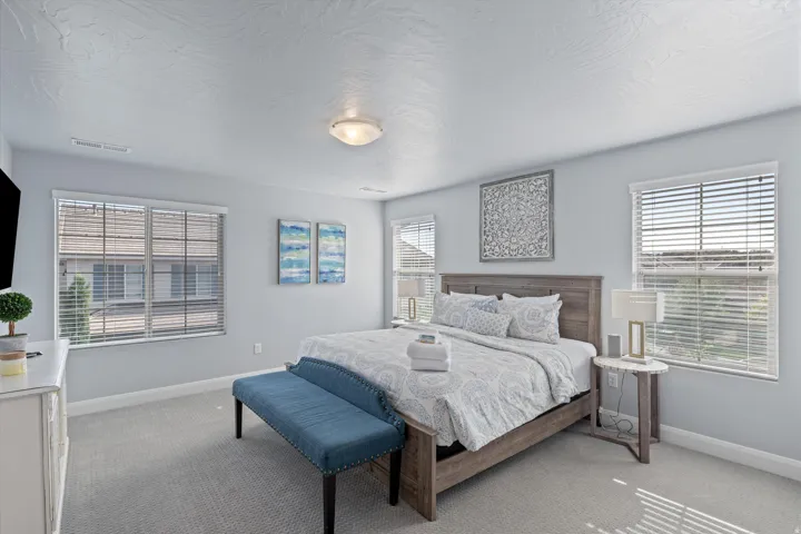 Carpeted room featuring light gray walls and multiple windows with blinds