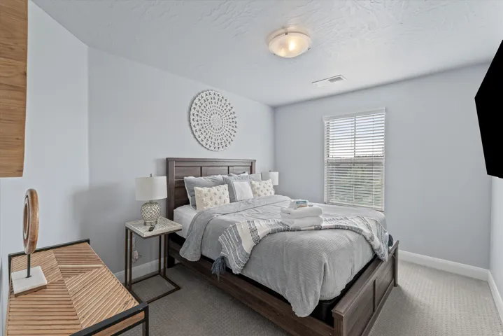 Carpeted bedroom featuring a window with blinds, a ceiling-mounted light fixture, and textured walls