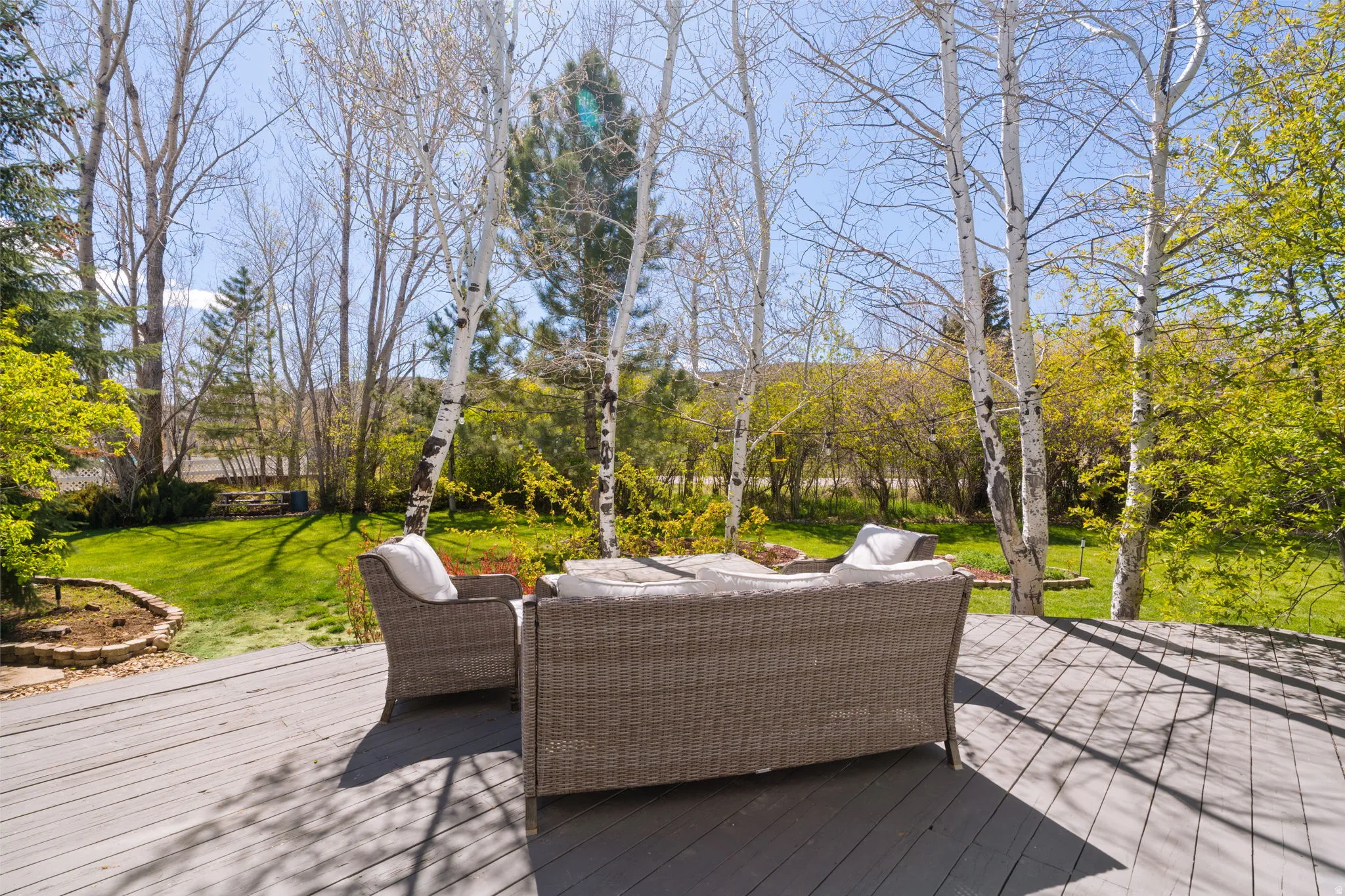 Spacious outdoor deck with composite decking, surrounded by mature trees and a vibrant lawn