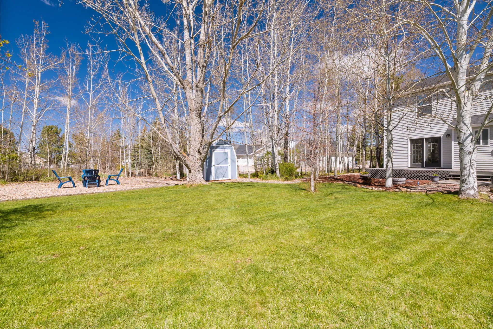 Expansive lawn area featuring a storage shed, mature trees, and a ground-level patio with sliding glass doors