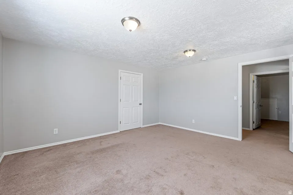 Spacious room with neutral gray walls and light brown carpet