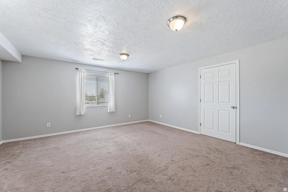 Spacious room featuring neutral carpeting, light gray wall paint, and white trim