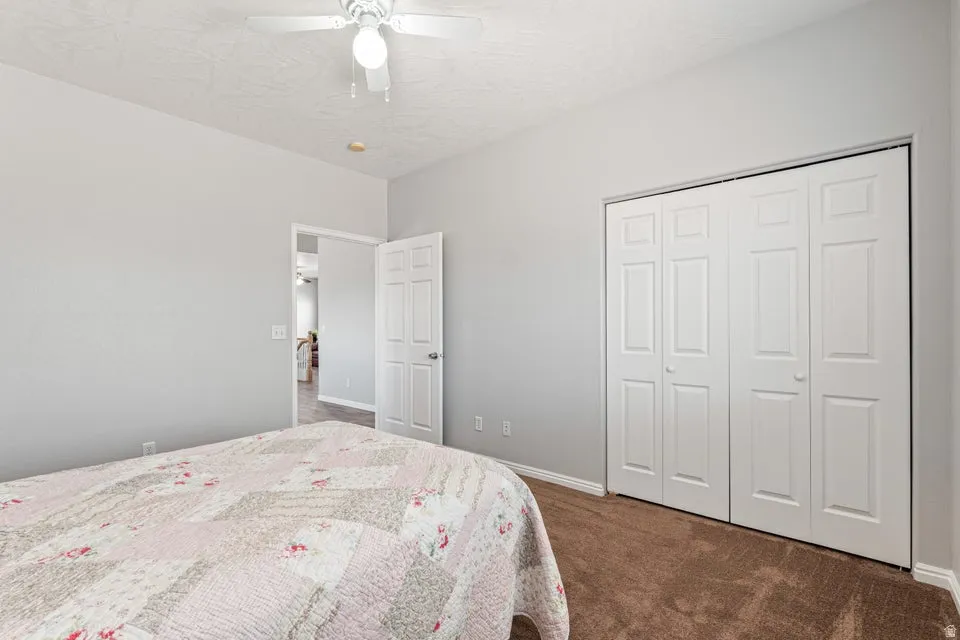 Neutral-toned room featuring a white ceiling fan with light fixture, light gray painted walls, and brown carpet flooring