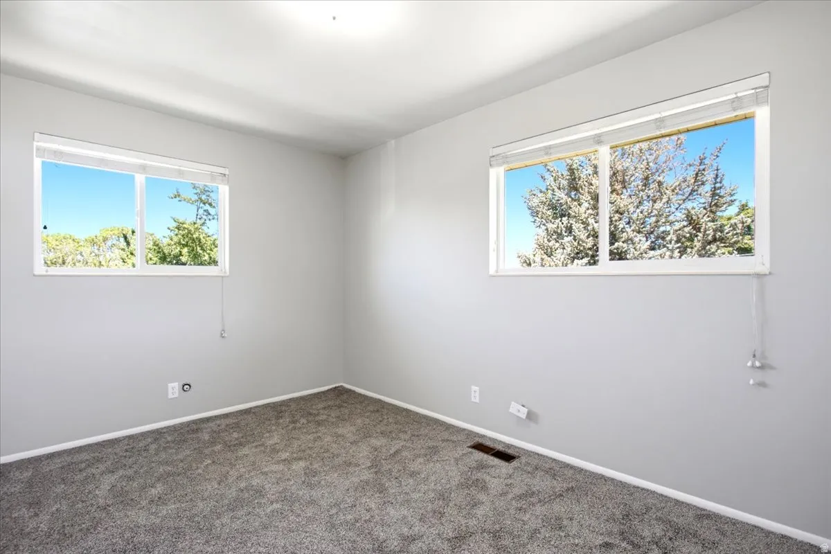 Bright room featuring two windows, light gray walls, dark gray carpet, white trim, and a white ceiling