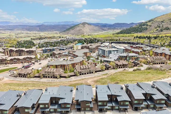 Aerial perspective showcasing a vibrant community with varied architectural styles