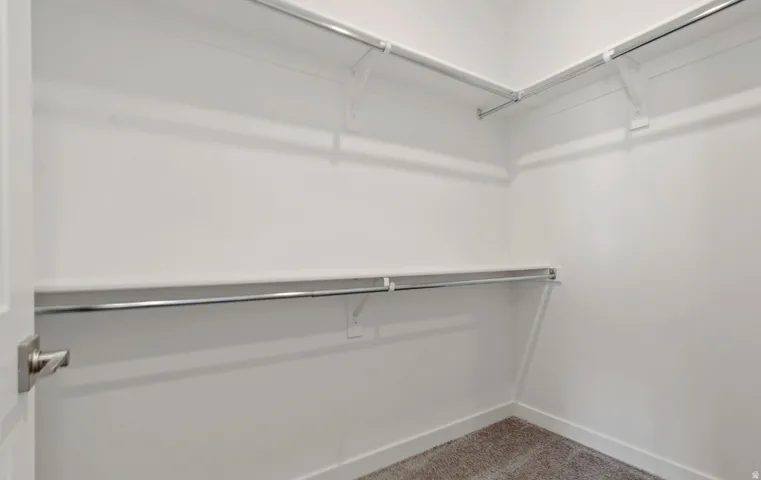 Walk-in closet featuring white walls, white shelving, metal hanging rods, and carpet flooring