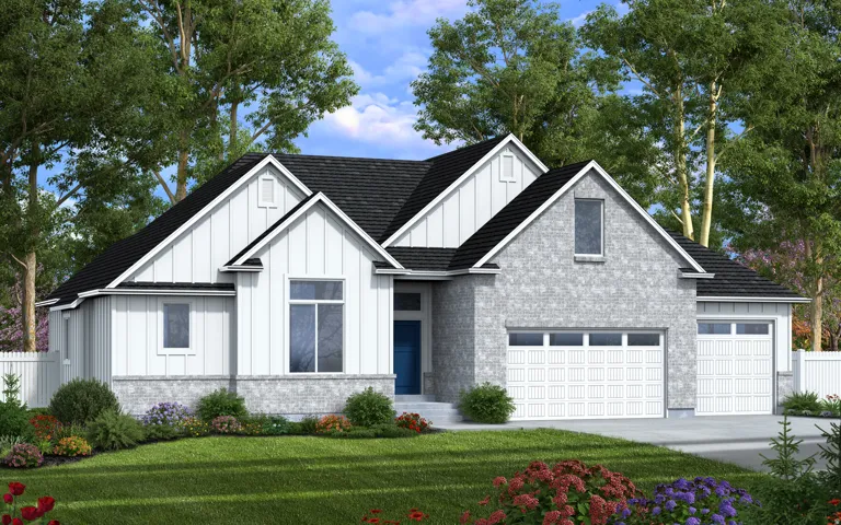Contemporary residential exterior featuring a combination of light gray brick and white vertical board and batten siding