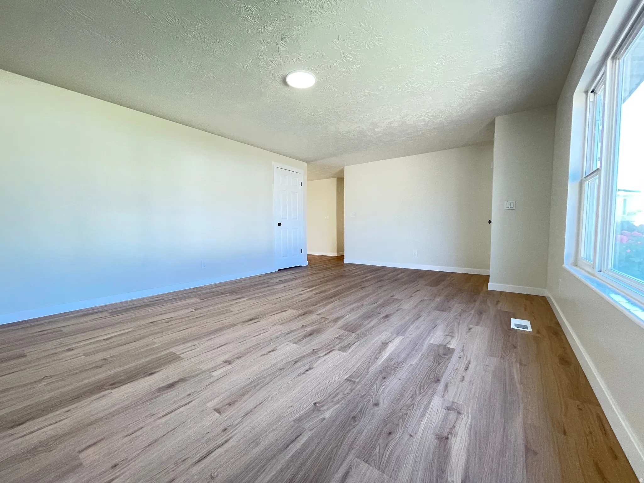 Spacious room featuring wood-finish flooring, light-toned walls, and a large multi-pane window