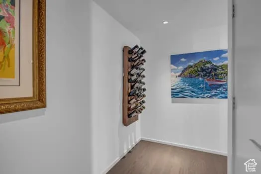 Hall featuring dark wood-style floors and recessed lighting