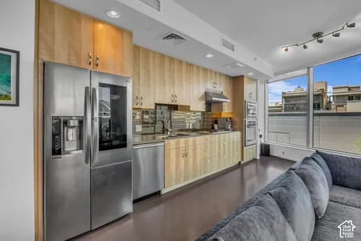 Kitchen with stainless steel appliances, light wood finish cabinets, tasteful backsplash, recessed lighting, and open floor plan