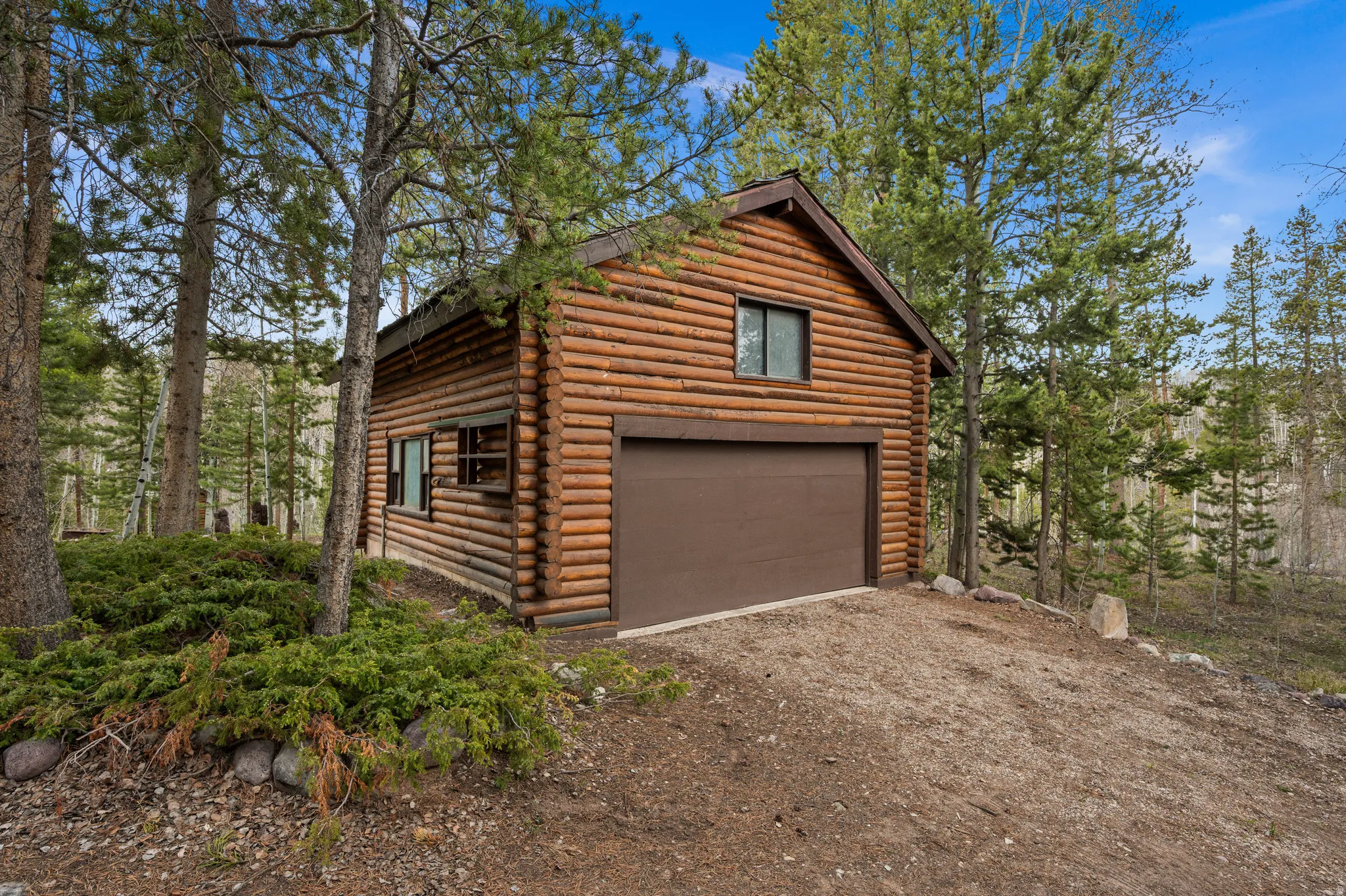 Log cabin exterior featuring a brown garage door, two windows with dark trim, and surrounding mature evergreen trees