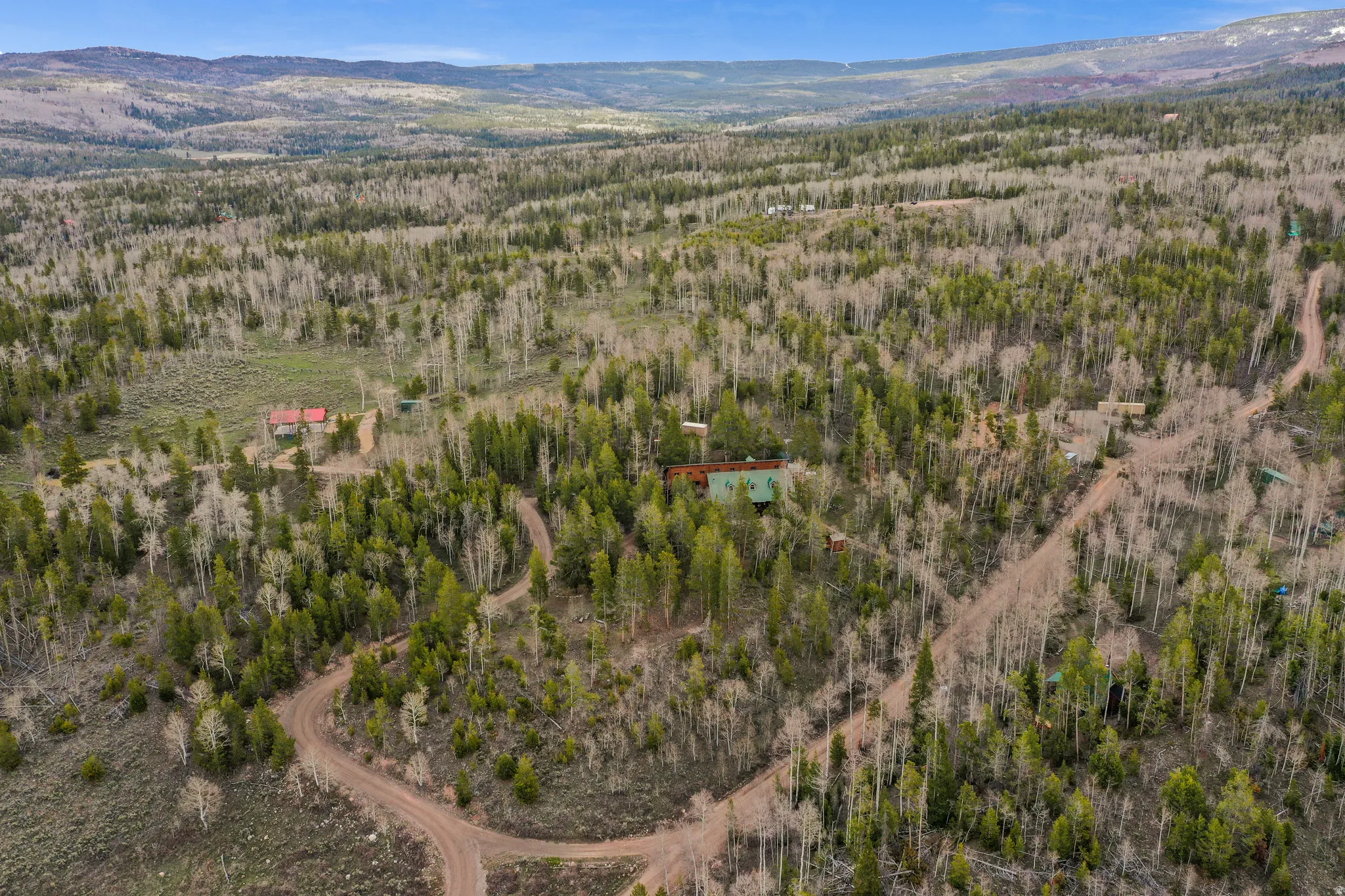 Expansive forested landscape with multiple structures and winding dirt paths