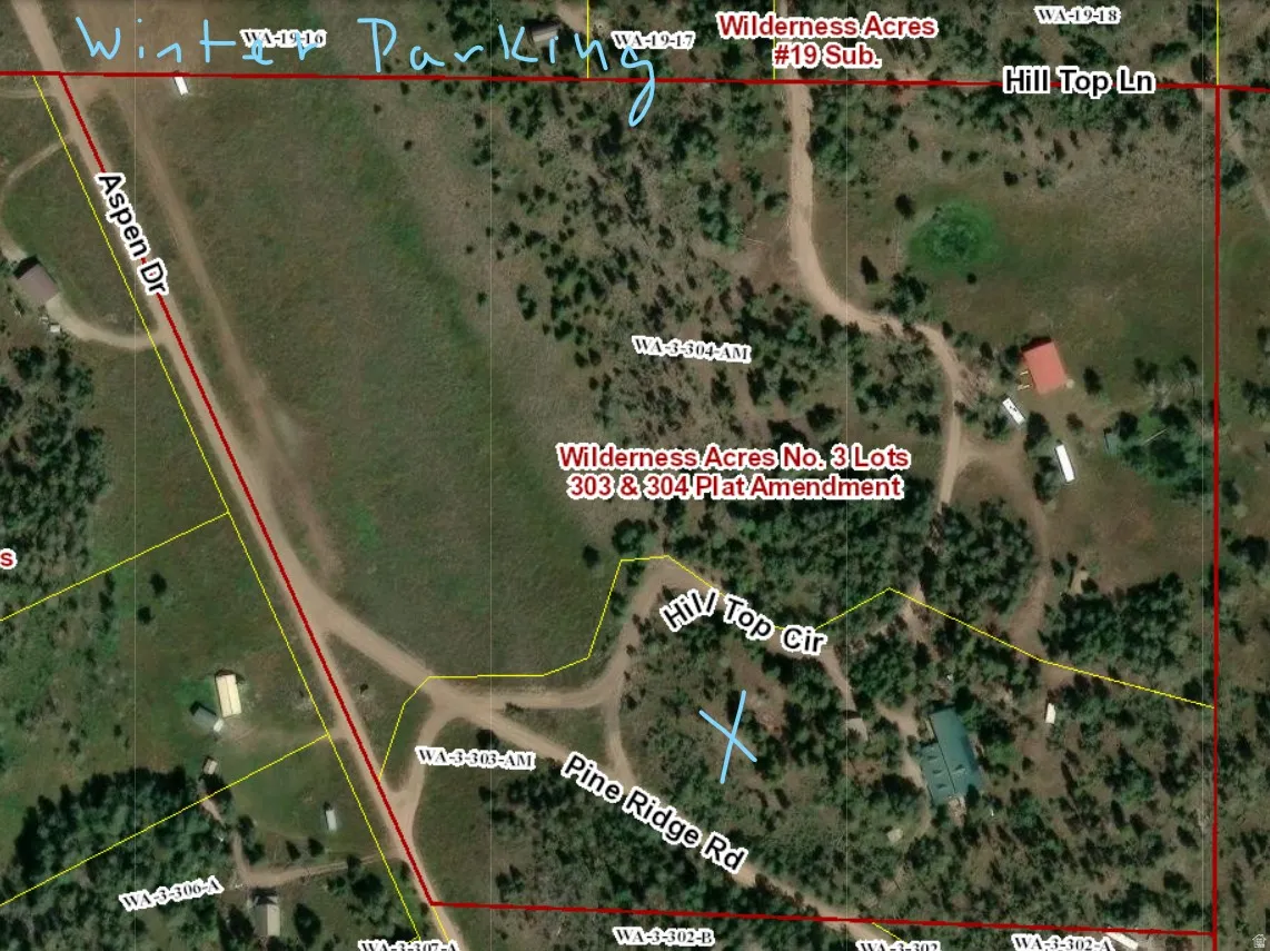 Plat Map. Illustrating property boundaries, lot numbers, and access roads for Wilderness Acres