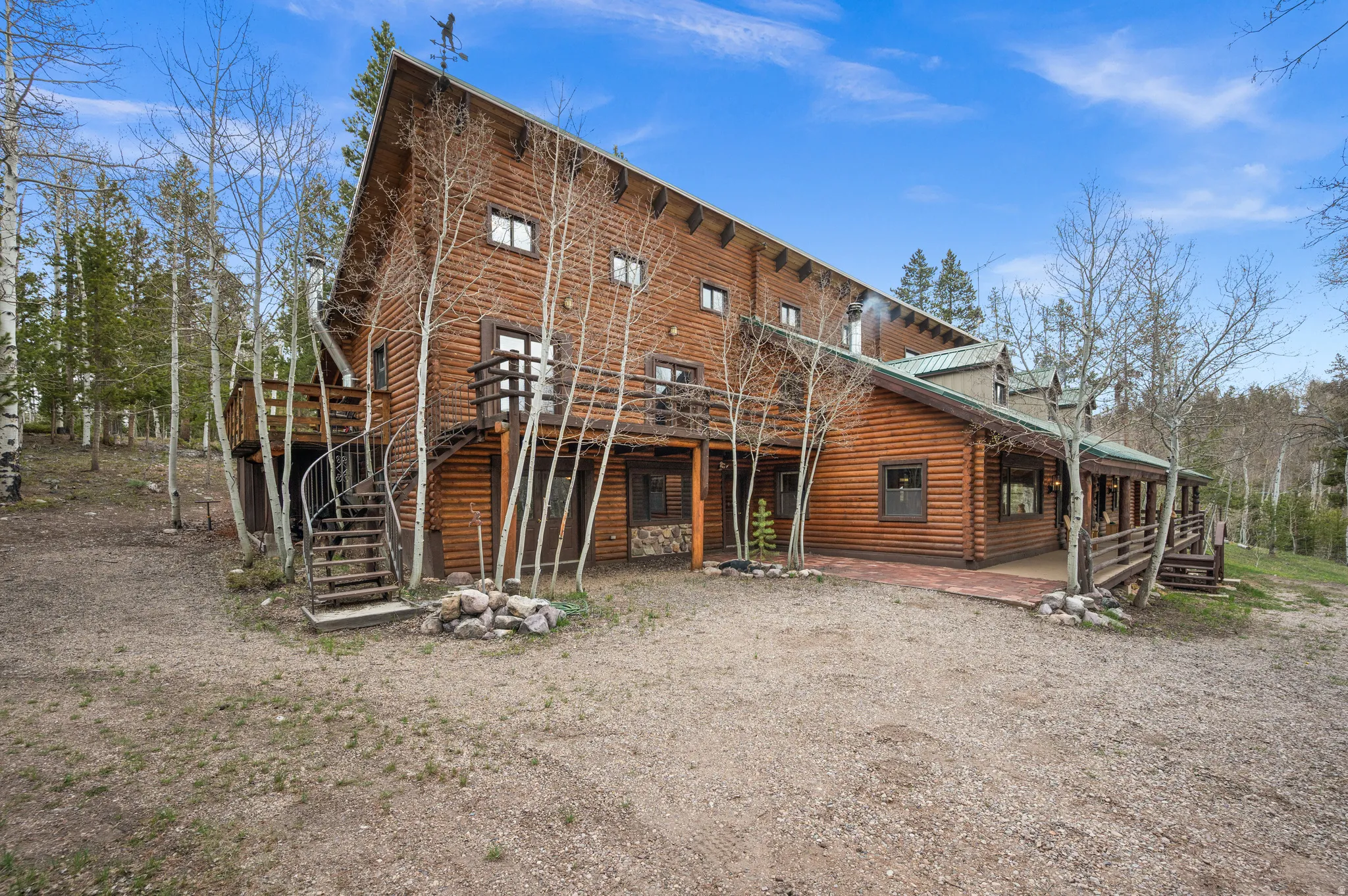 Log cabin exterior with a multi-level design