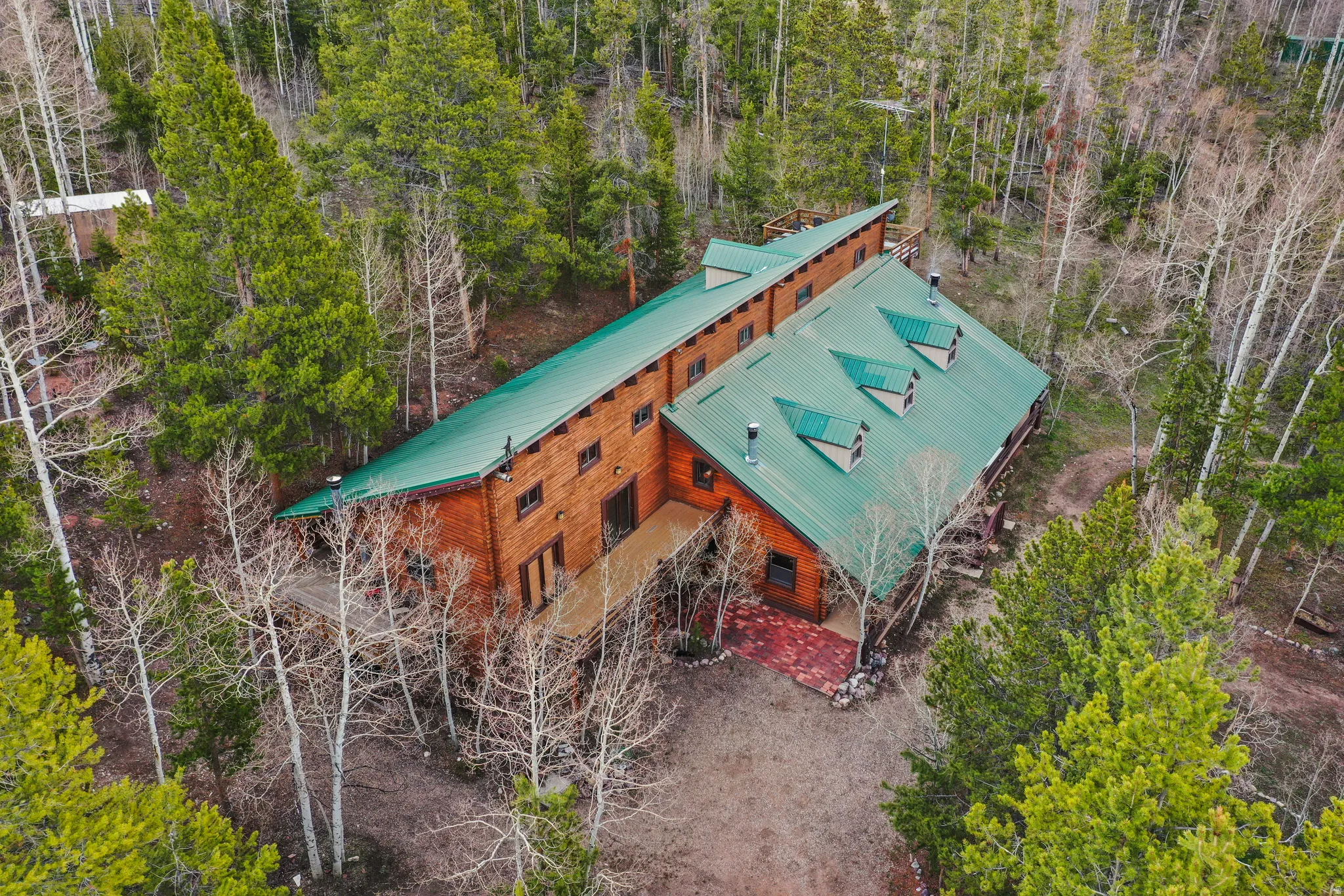 Rustic exterior featuring wood siding and a vibrant green metal roof with multiple dormers