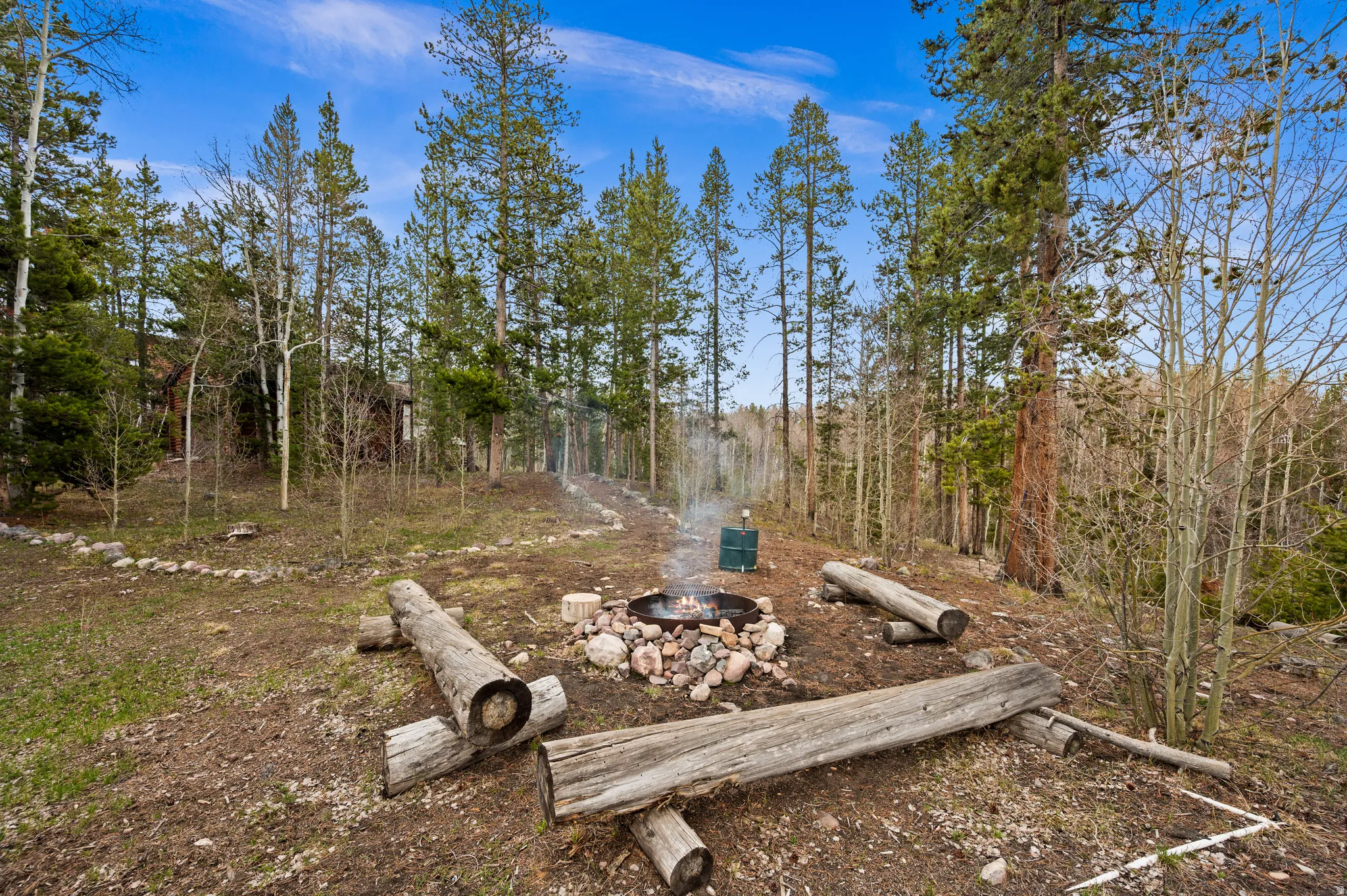 Outdoor fire pit area with natural log seating, surrounded by mature trees, and a stone-lined perimeter