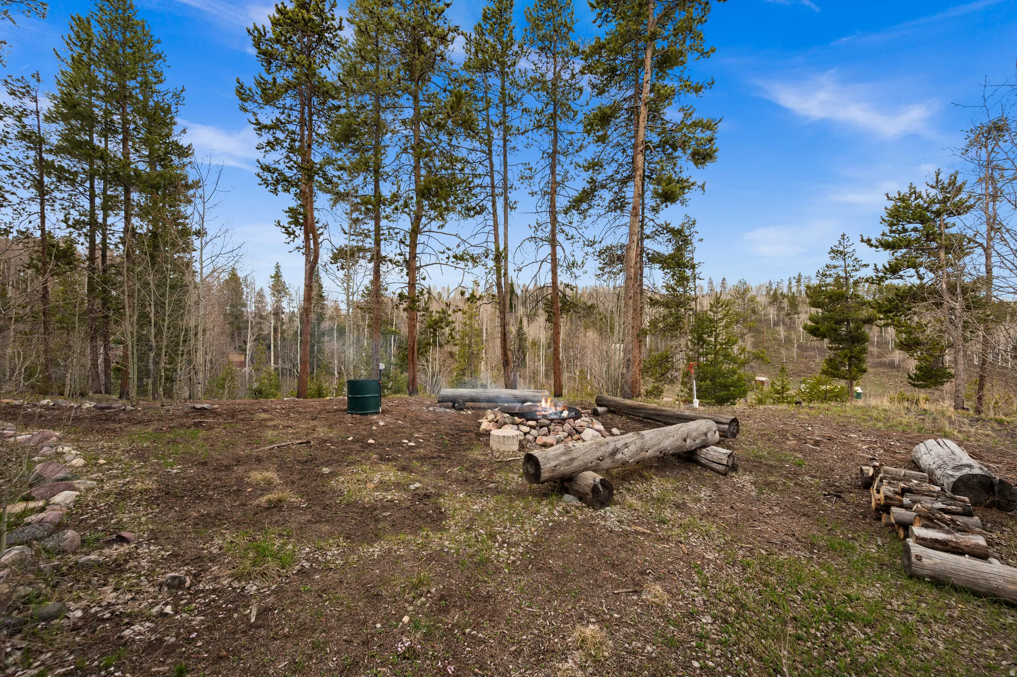 Outdoor space featuring a fire pit with stone surround and log seating, surrounded by mature trees