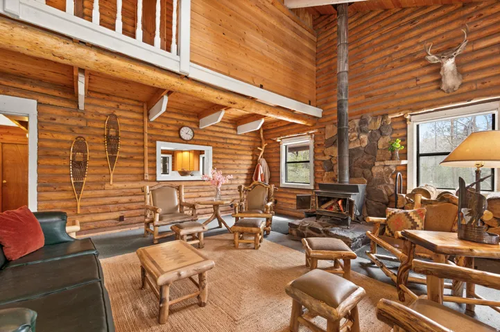 Expansive living area showcasing wood-finish log walls and ceilings, a prominent stone fireplace with a wood-burning stove, large windows, and a carpeted floor