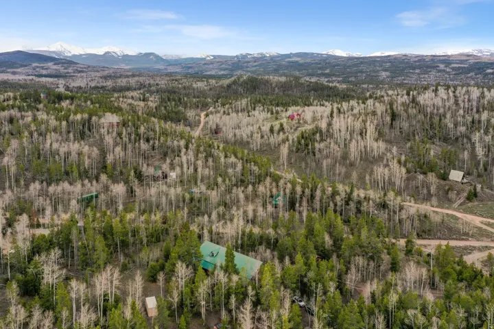 Expansive wooded acreage featuring mixed evergreen and deciduous trees, with a distant snow-capped mountain range providing a scenic backdrop