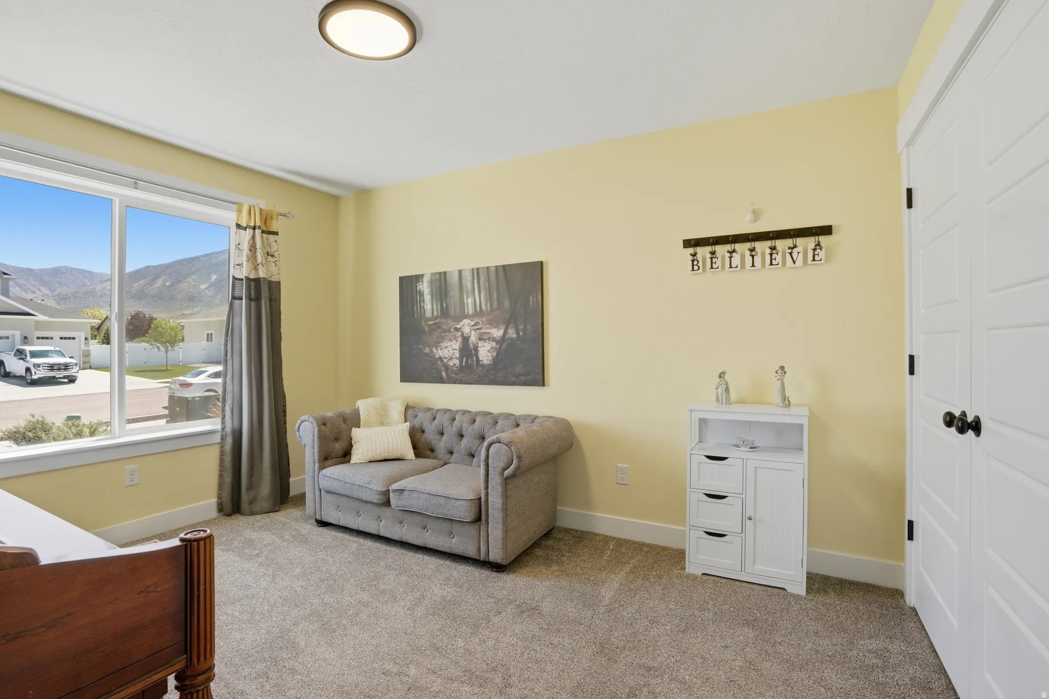 Bright bedroom featuring a large window with mountain scenery, plush carpet flooring, a flush-mount ceiling light, and white paneled doors