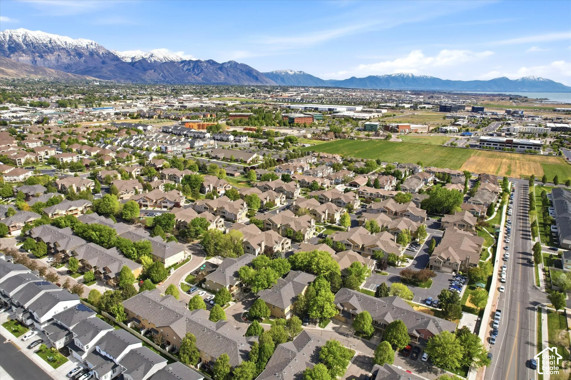 Expansive residential community with diverse housing styles, established landscaping, and distant mountain ranges